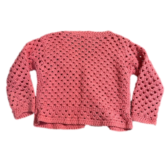 VINTAGE Hand Knit Open Weave Coral Pink Button Up Cardigan with Crochet Flowers - Picture 3 of 8